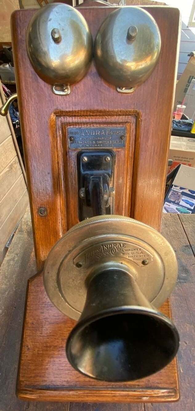 Julius Andrae & Sons Co. Antique Oak Wall Crank Telephone
